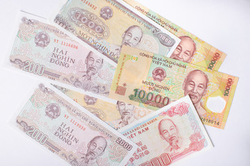 Banknotes of Vietnam  in different denominations - Vietnamese dong on white background