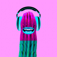 Contemporary art collage.  Cactus Dj. Colorful music vibes