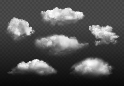 Clouds realistic. Blue cloudy sky weather elements vector picture set. Cloudy air environment, cloudscape atmosphere smoky illustration