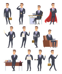 Poses business characters. Professionals male managers working sitting holding business items peoples action pose vector pictures. Illustration of businessman professional, person male business
