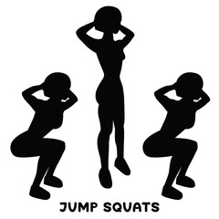 Jump squats. Squat. Sport exersice. Silhouettes of woman doing exercise. Workout, training.