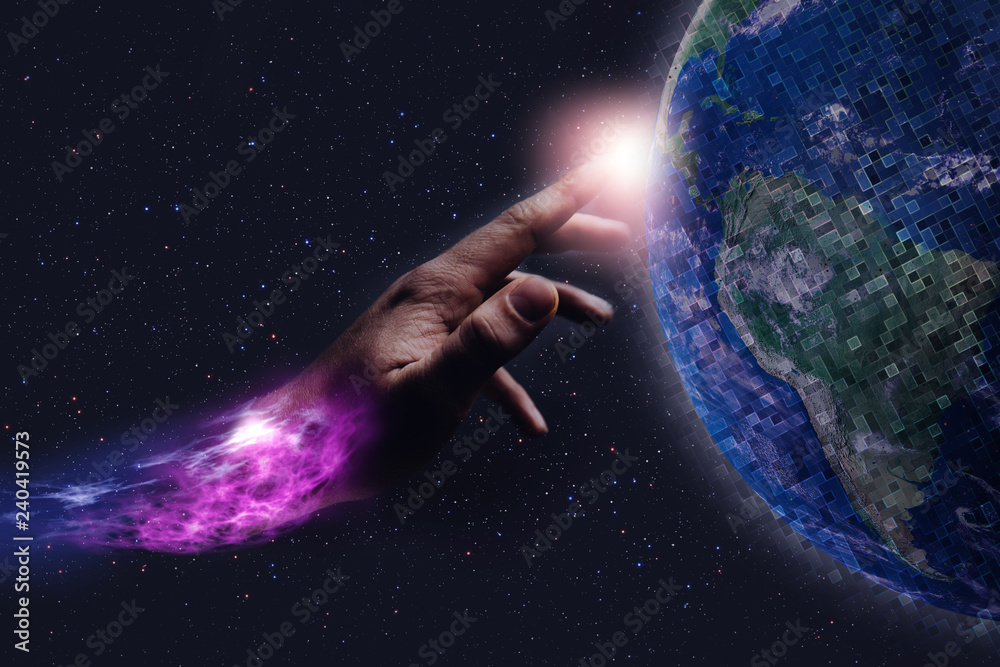 Poster forefinger touches a earth pixel in infinite space. mixed media. concept matrix universe.