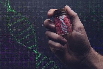 Close up of man holding DNA molecule in Glass bottle. Mixed media.