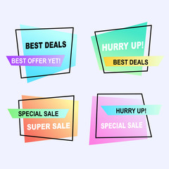 Sale banner collection, discount tag, special offer. Website stickers on a geometry memphis colorful abstract background, web design. Vector illustration.