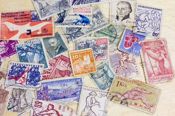 Collage of colorful Vintage Used Postage Stamps