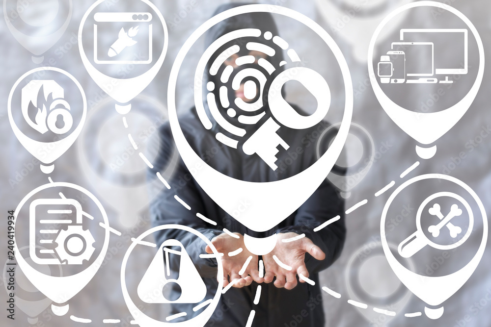 Poster privacy secure access cyber security concept. hacker offers a fingerprint key location icon on a vir
