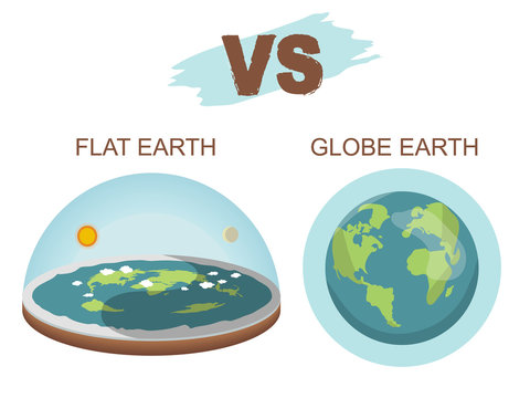 Theory of flat earth. Flat Earth in space with sun and moon vs spherical earth. Vector illustration. isolated on white background