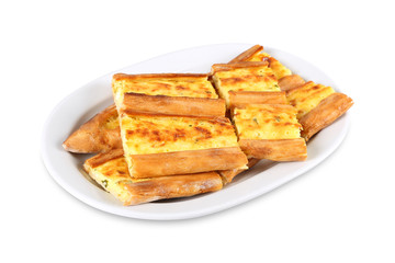 Turkish traditional closed Bafra pide with cheese. Kapali peynirli pide. Isolated on white background