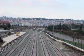 Fototapeta premium train rails perspective. railway transportation