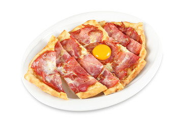 Turkish traditional Karadeniz pide with beef bacon. Pastirmali pide. Isolated on white background