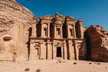 Temples and tombs in Petra archeologic site in Jordan