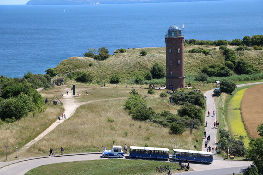 Tourist train and Lighthouse Peilturm at Cape Arkona on Island of Rügen, Germany Baltic Sea 