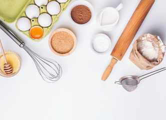 Baking ingredients and items on the white background