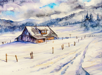 Winter mountain landscape with wooden house and cloudy sky.Picture created with watercolors.