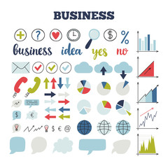 Business icons. Set of icons for finance, marketing, management, strategy and communication. Money. Information technology. Flat design. Hand drawn