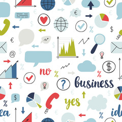 Business seamless pattern. Set of icons for finance, marketing, management, strategy and communication. Information technology. Flat design