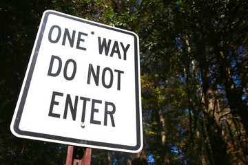 White One Way Do Not Enter Sign with Black Lettering in Front of Thick Foliage of Woods in a Clear Sunny Day in Burke, Virginia