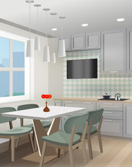 Kitchen interior background with furniture. Design of modern kitchen. Kitchen illustration