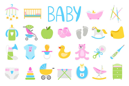 Vector babies icons. Cartoon baby icon set, baby shower vector illustration and newborn family accessories