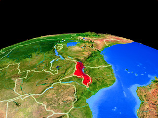 Malawi on model of planet Earth with country borders and very detailed planet surface.