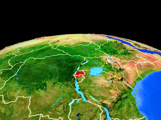 Rwanda on model of planet Earth with country borders and very detailed planet surface.