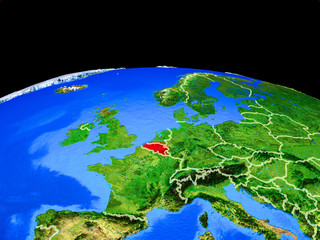 Belgium on model of planet Earth with country borders and very detailed planet surface.