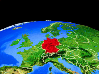 Germany on model of planet Earth with country borders and very detailed planet surface.