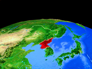 North Korea on model of planet Earth with country borders and very detailed planet surface.