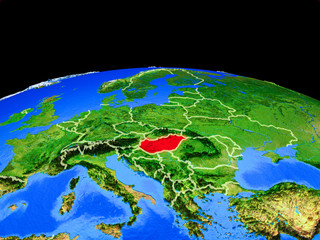 Hungary on model of planet Earth with country borders and very detailed planet surface.