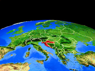 Croatia on model of planet Earth with country borders and very detailed planet surface.