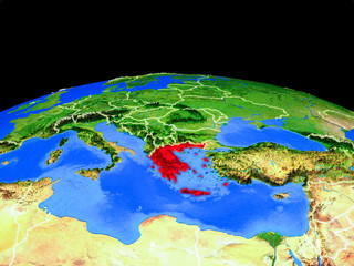 Greece on model of planet Earth with country borders and very detailed planet surface.