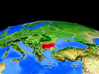 Bulgaria on model of planet Earth with country borders and very detailed planet surface.