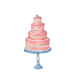 Watercolor pink tasty cake on table for celebration birthday card. Cute hand drawn clip art on white background