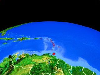 Caribbean on model of planet Earth with country borders and very detailed planet surface.
