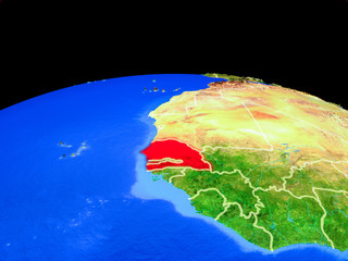 Senegal on model of planet Earth with country borders and very detailed planet surface.