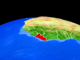 Liberia on model of planet Earth with country borders and very detailed planet surface.