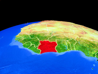 Ivory Coast on model of planet Earth with country borders and very detailed planet surface.