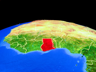 Ghana on model of planet Earth with country borders and very detailed planet surface.