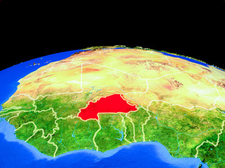 Burkina Faso on model of planet Earth with country borders and very detailed planet surface.