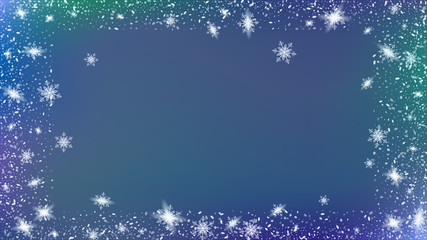 Flying snow background. Bbright, White, Shimmer, Glowing, Scatter, Falling on a Blue background. Holiday frame for New Year greetings.
