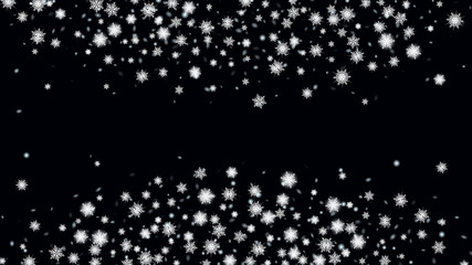 Christmas Magic Illustration. Festive illustration for christmas card. Macro snowflakes flying border illustration. Black base.