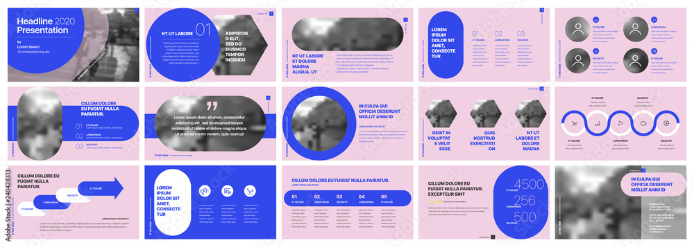 Sticker presentation template. blue elements for slide presentations on a pink background. use also as a fly