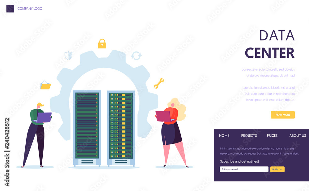 Poster data center server staff landing page. business character support datacenter with laptop computer da