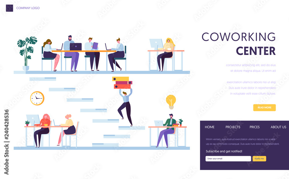 Wall mural coworking office space landing page. people freelancer character work by laptop. business team outso