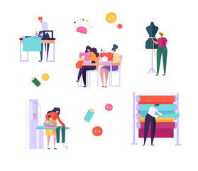 Sewing Clothes Character People Set. Woman Work at Dressmaker Knitting Machine, Ironing Fabric in Creative Atelier. Tailor Textile Craft Business Isolated Collection Flat Vector Cartoon Illustration
