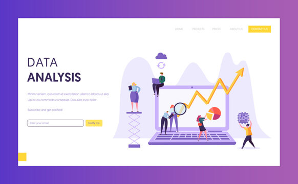 Business Data Analysis Research Landing Page. Marketing Strategy Development with People Character Analyzing Digital Plan Chart on Laptop Website or Web Page. Flat Vector Illustration