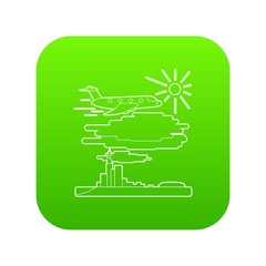 Plane flies over city concept. Outline illustration of plane flies over city vector concept for web