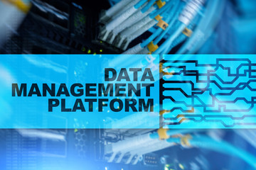 Data management and analysis platform concept on server room background.