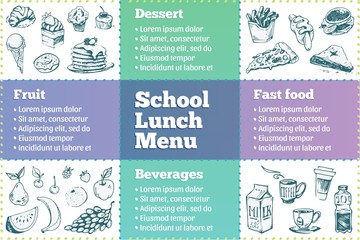 School lunch box menu template. Sketches of food