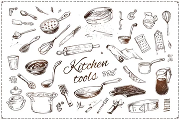 Fototapete Küche Handgezeichnete Küchenwerkzeuge isolierten Vektor-Icons gesetzt